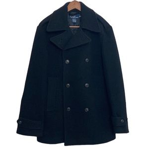 Polo Ralph Lauren Black Wool Pea Coat Size Medium Classic Overcoat Lined Jacket